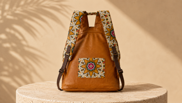 Mandela Print & Plain Tan Leather Backpack – Stylish Laptop Bag