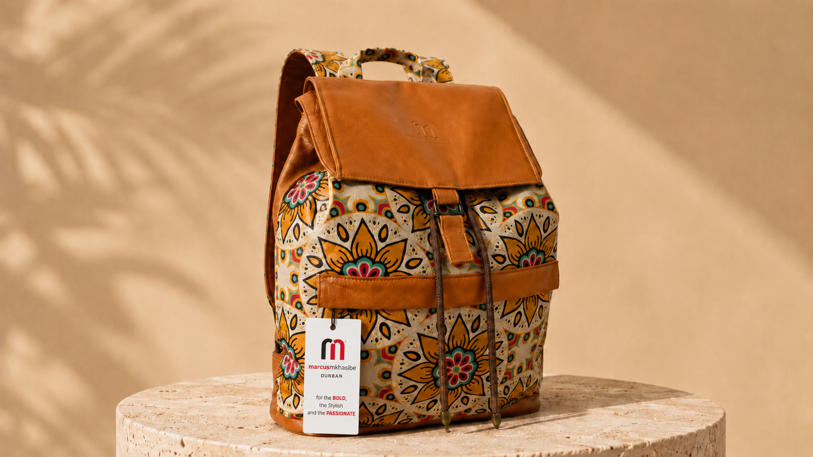 Mandela Print & Plain Tan Leather Backpack – Stylish Laptop Bag