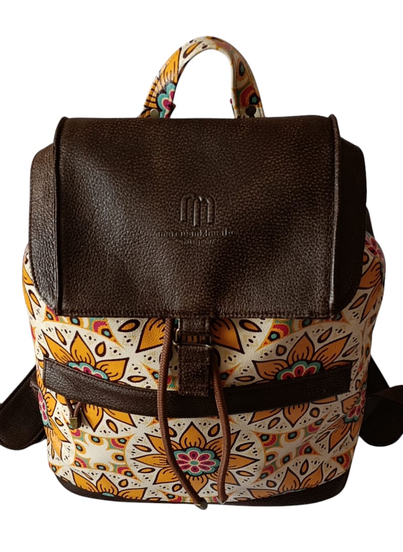 Mandela Print & Brown Leather Backpack – African-Inspired Laptop Bag